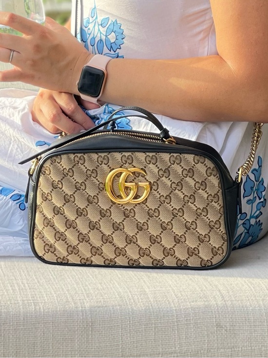 Gucci Handbags - Gucci Beige GG marmont Supreme Canvas Crossbody with Black Trim & Gold Hardware